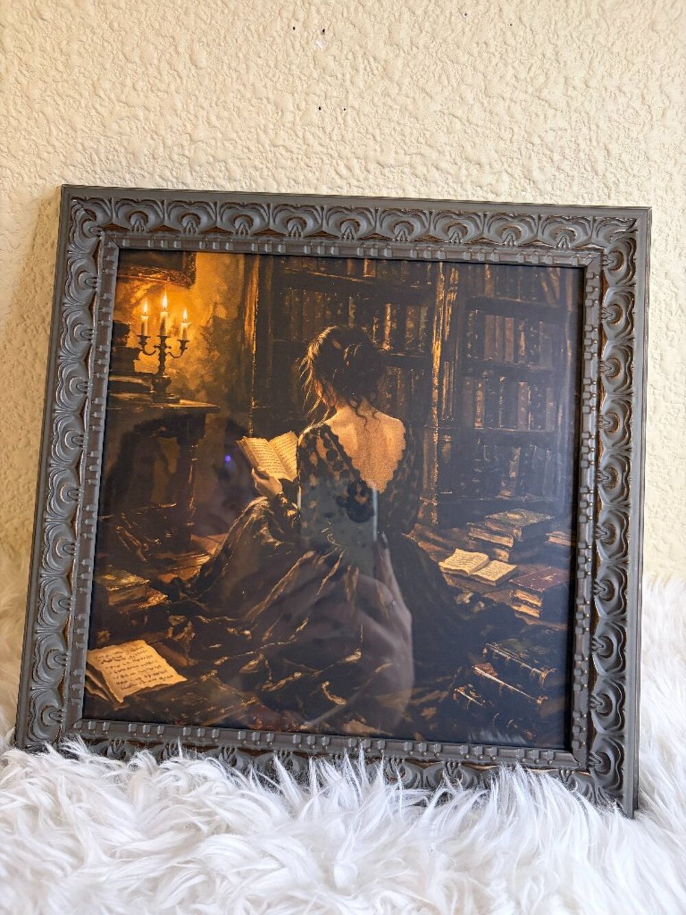 Dark Academia Gothic Library Woman Reading Candlelight Framed Wall Art 12x12